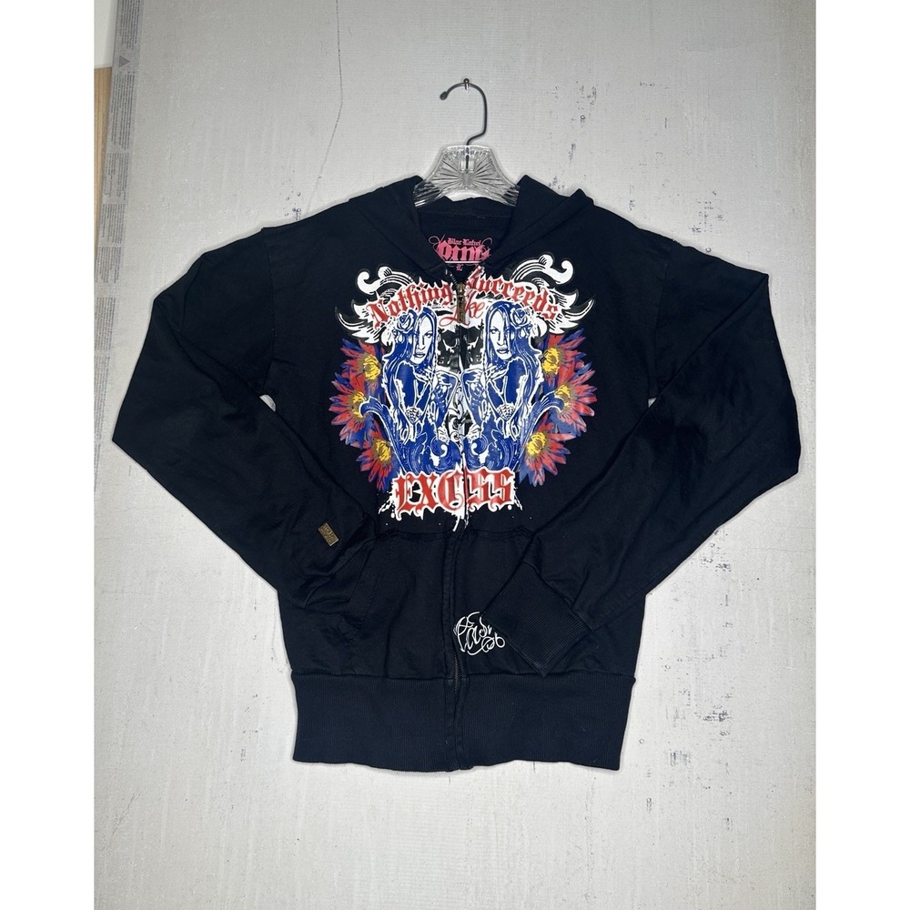 VTG Y2K Blac Label Hoodie Punk Goth Emo Cyber Red Spine Skater Zip-Up | Size: L